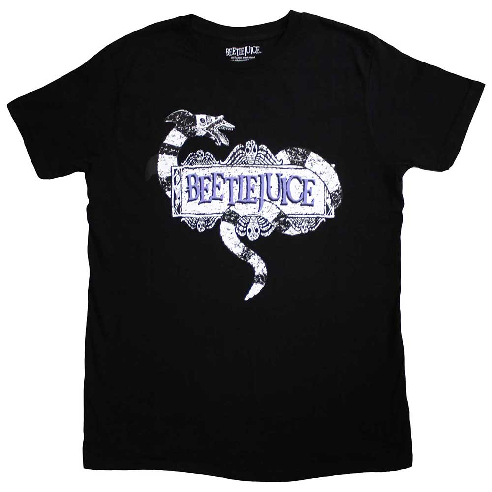 Beetlejuice t-shirt, small size, with a snake-shaped badge design.