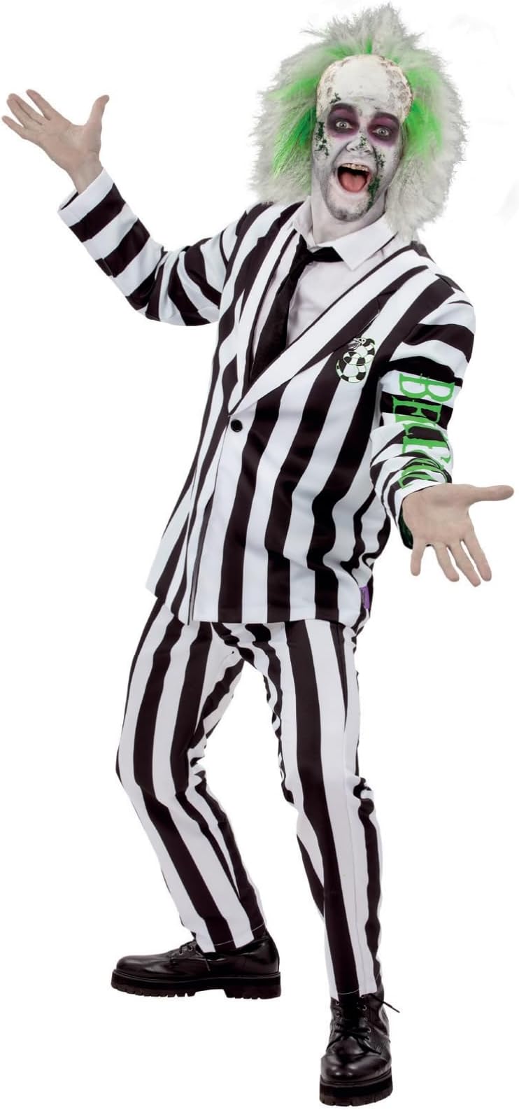 Beetlejuice costume with striped suit, wild green hair, and pale makeup.