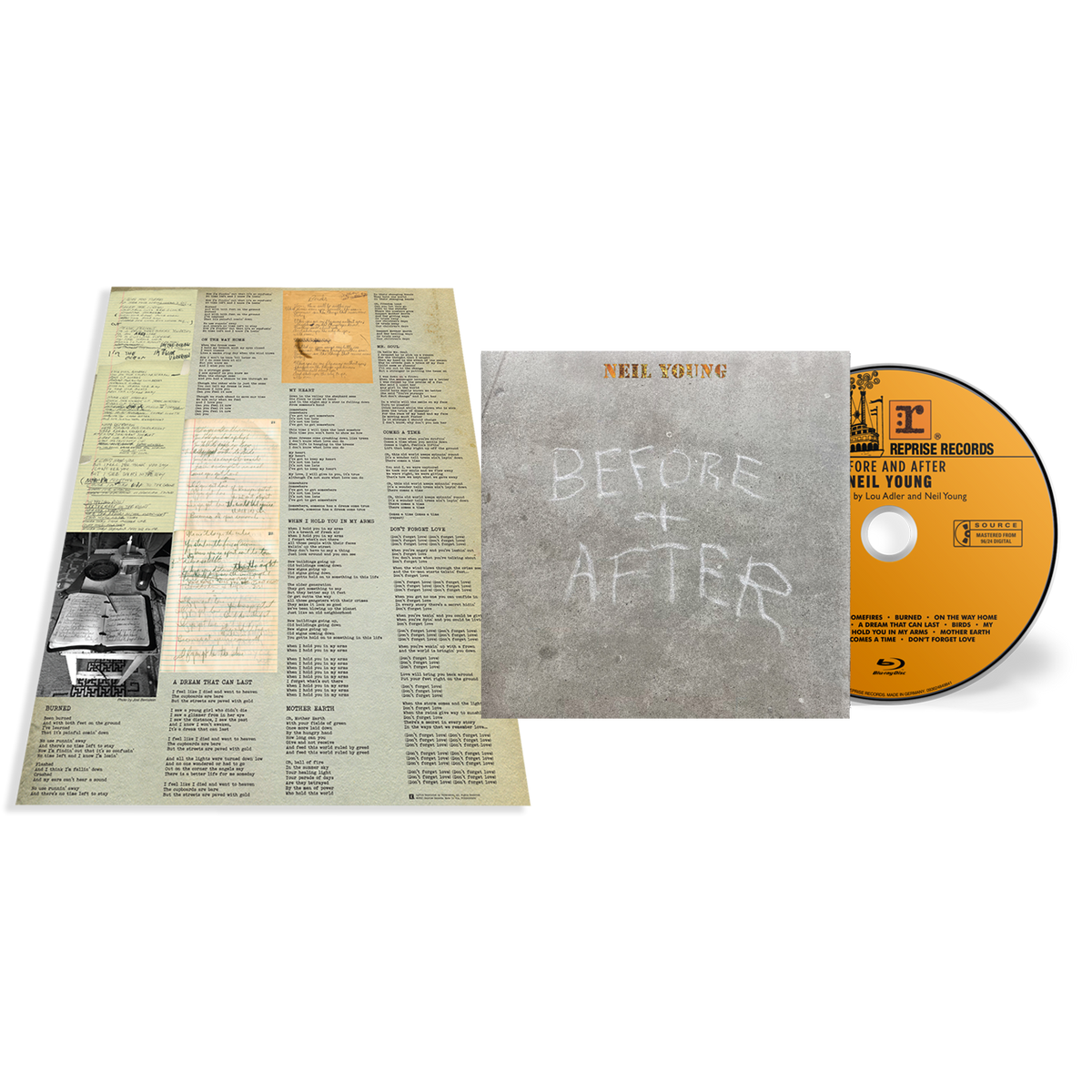 Before and After" Blu-ray disc with handwritten tracklist and Neil Young portrait.