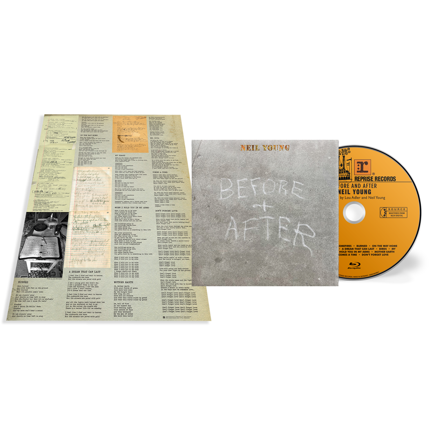 Before and After" Blu-ray disc with handwritten tracklist and Neil Young portrait.