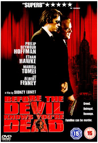 DVD cover for "Before The Devil Knows You're Dead" featuring two men in suits.