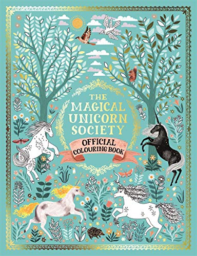 Colouring book cover with unicorns, trees, flowers, and birds in a forest scene.