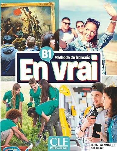 French textbook cover, “En vrai: Niveau B1”, with collage of diverse people.