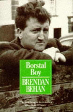 Sepia-toned book cover featuring Brendan Behan leaning on a fence with green title text.