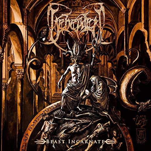 Dark album cover featuring a demonic figure on a throne in a cathedral.