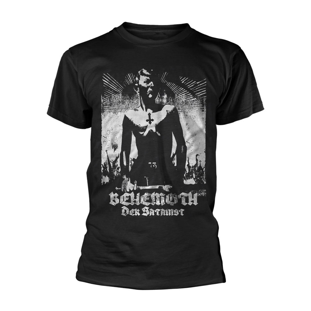 Black t-shirt with a distressed graphic of a figure and text "Behemoth - Der Satanist".