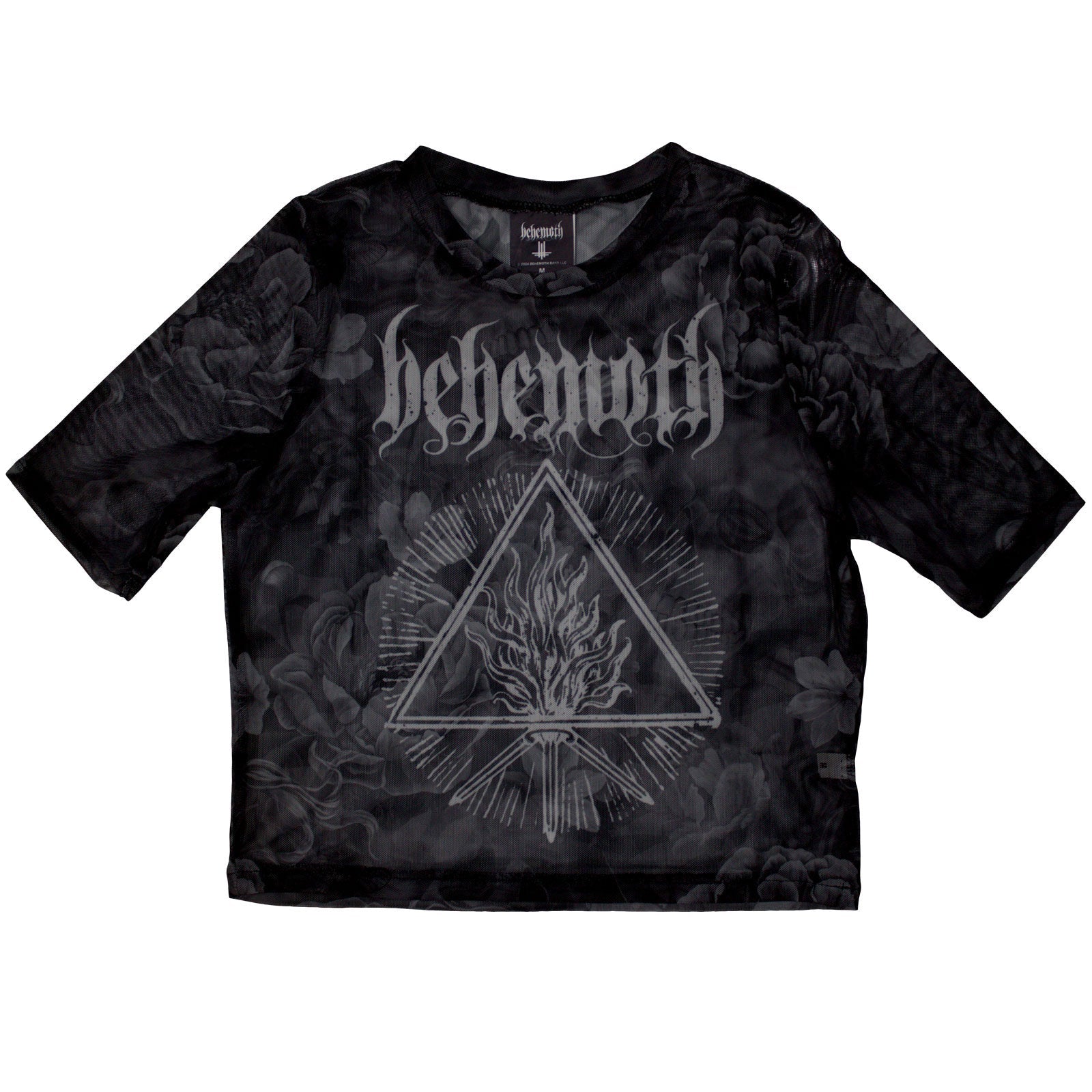 Black mesh crop top with “Behemoth” and “Furor Divinus” graphic, size X-Small.