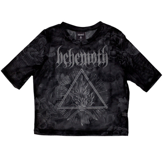 Black mesh crop top with “Behemoth” and “Furor Divinus” graphic, size X-Small.
