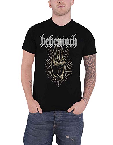 Black t-shirt with beige Behemoth band logo and hand symbol design.