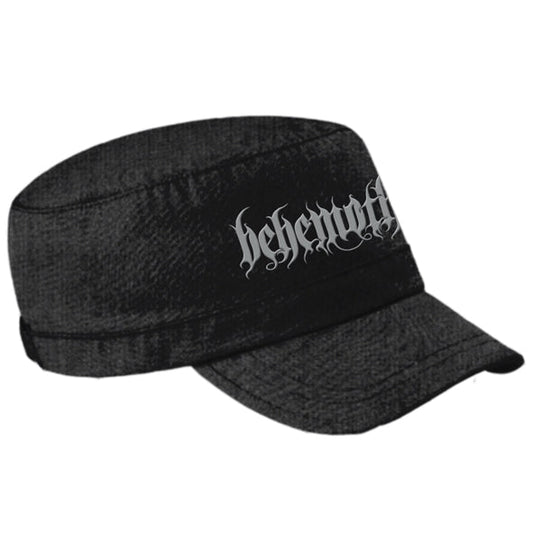 Black army-style cap with a grey Behemoth band logo on the front.