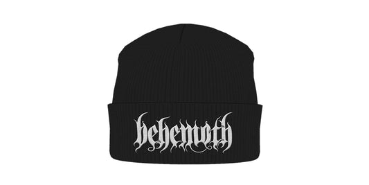 Black knit beanie with a silver, ornate "Behemoth" logo on the front.