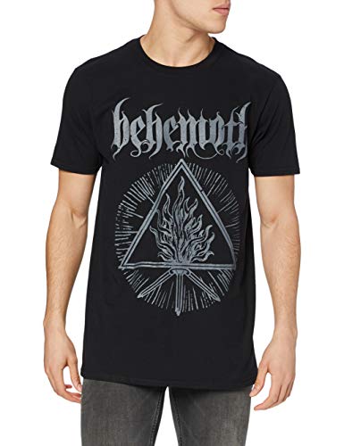 Black t-shirt with white Behemoth band logo and triangular design.