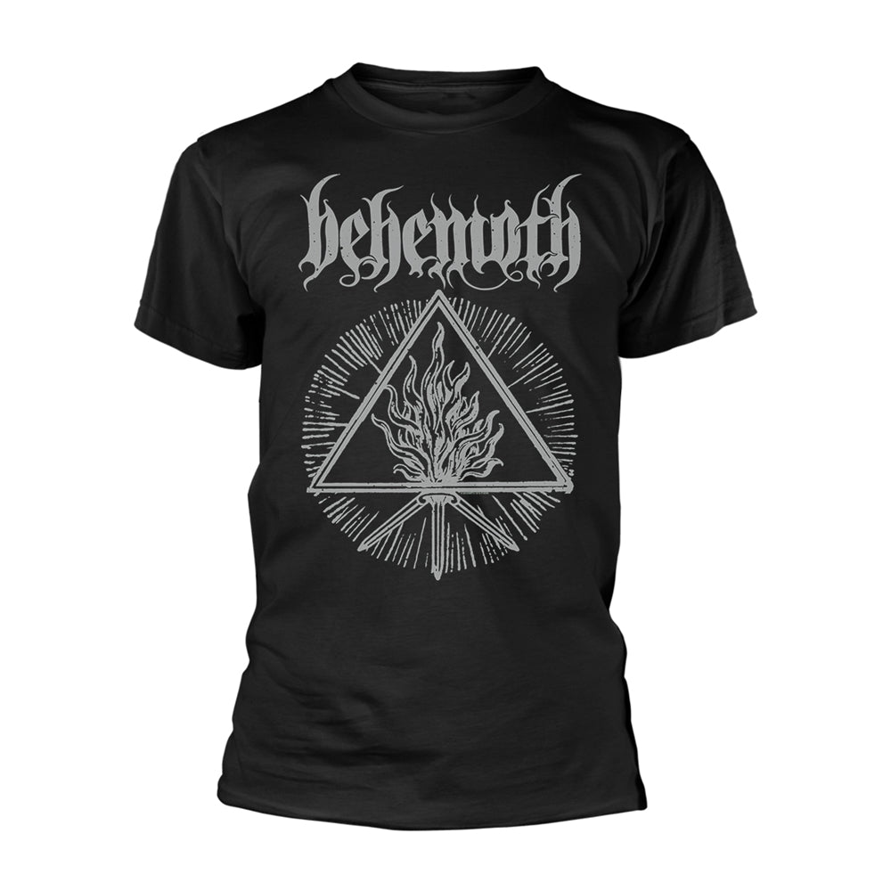 Black t-shirt with white Behemoth band logo and triangular design.