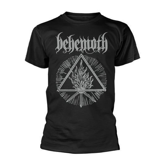Black t-shirt with white Behemoth band logo and triangular design.