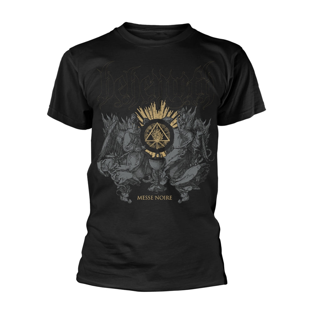 Black t-shirt with ornate gold and grey graphic of figures and symbols.