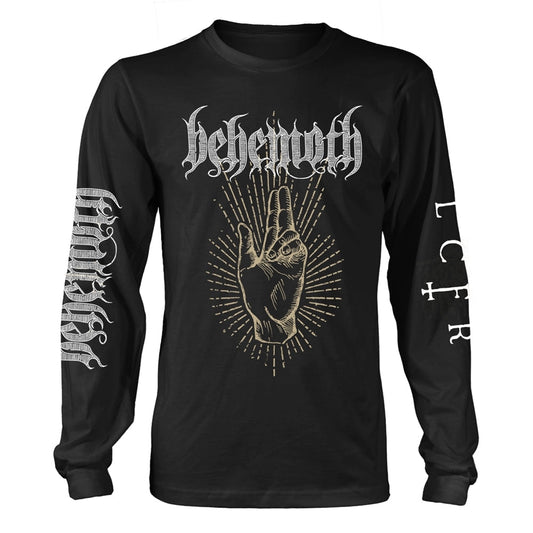 Black long-sleeve t-shirt with Behemoth logo, hand graphic, and LCFR text on sleeves.