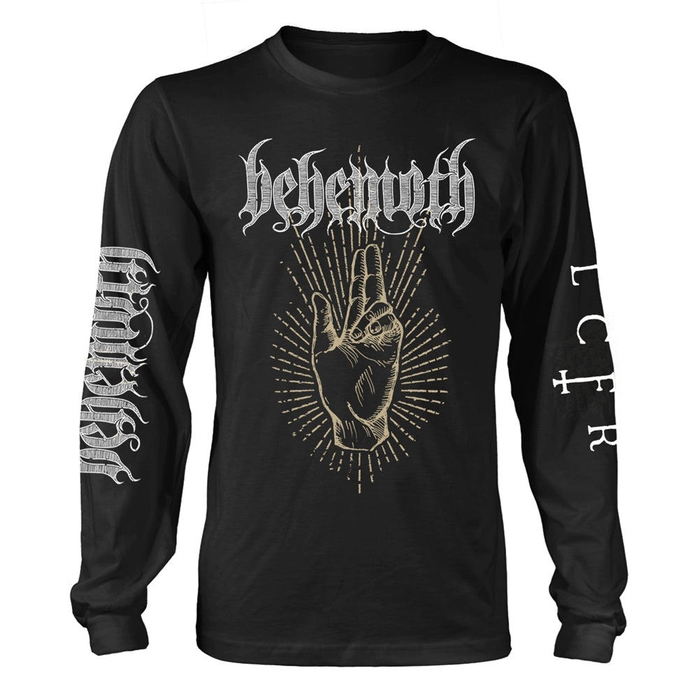 Black long-sleeve shirt with Behemoth logo, hand graphic, and LCFR text on sleeves.