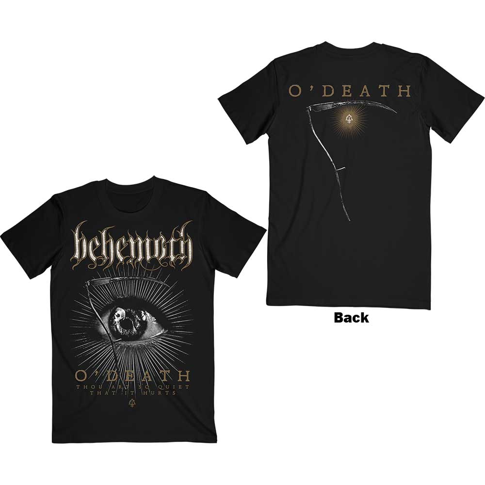 Black t-shirt with large back print of band Behemoth’s “O’Death” artwork.