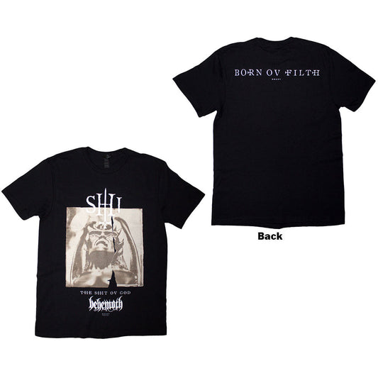 Black t-shirt with back print of "The Shit Ov God" in parchment-style lettering.
