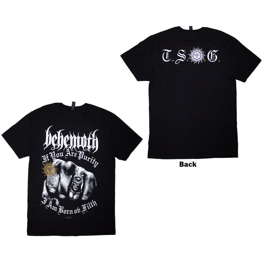 Black t-shirt with large back print of religious and fist imagery.