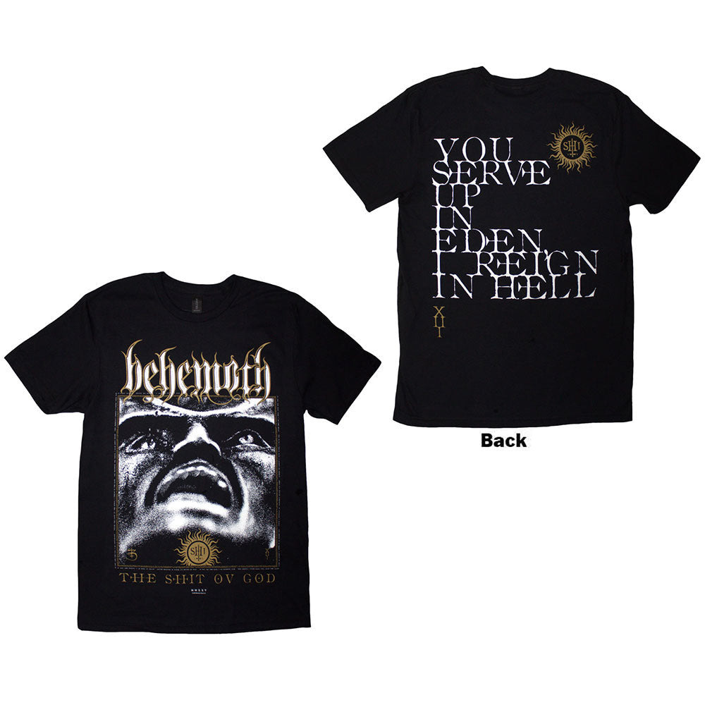 Black t-shirt with large back print featuring band logo and text: “Reign In Hell”.