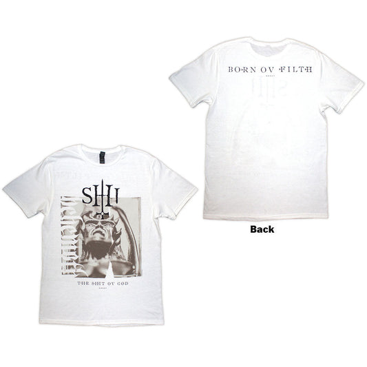 White t-shirt with sepia-toned "The Shit Ov God" back print, small size.
