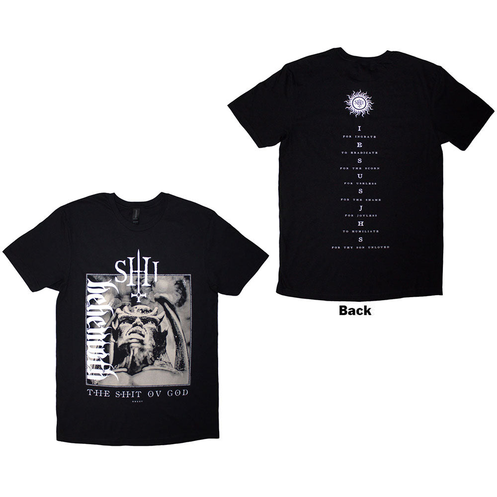 Black t-shirt with large, vertical "Behemoth" band logo on the back.