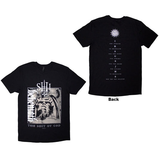 Black t-shirt with large, vertical "Behemoth" band logo on the back.