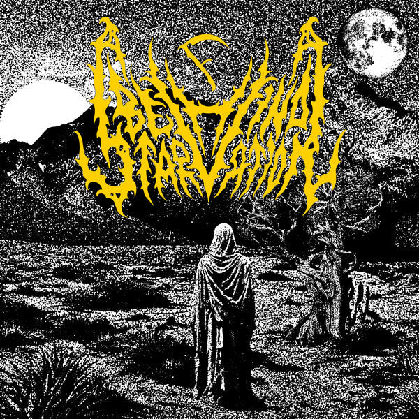Black and white album cover with yellow text and a cloaked figure.