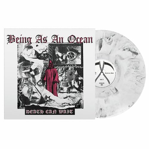 Vinyl record with marbled white and black coloring, album cover shown.