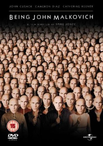 DVD cover showing a crowd of people holding masks of John Malkovich's face.
