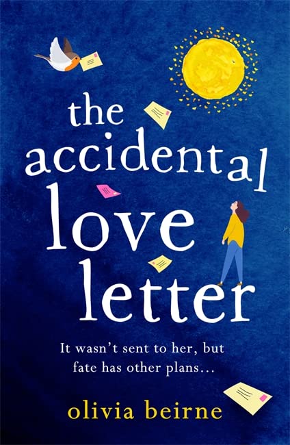 Book cover with white text, a bird, sun, and scattered envelopes.