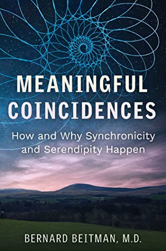 Book cover: "Meaningful Coincidences" with a starry sky and landscape background.