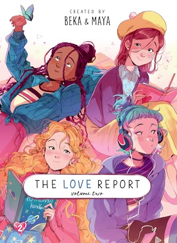 Four young women in a colorful anime-style illustration for The Love Report Volume Two.