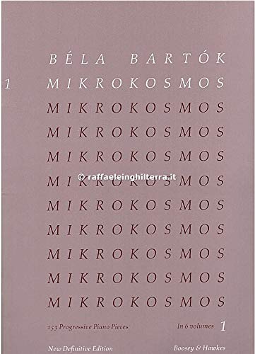 Cover of Béla Bartók's Mikrokosmos volume 1, a music book with repeating text pattern.