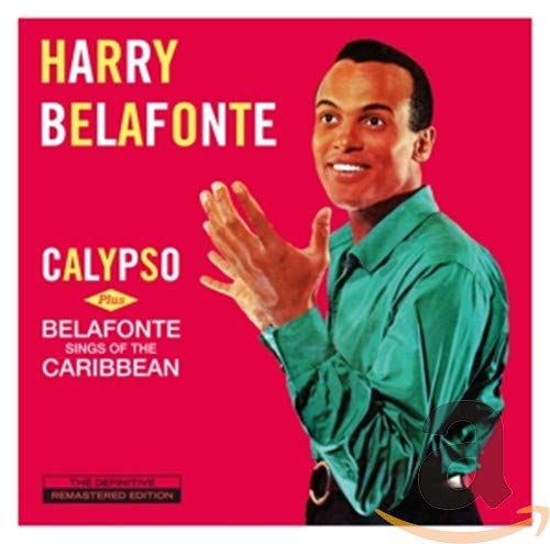 Harry Belafonte in a green shirt on a red background, album cover art.