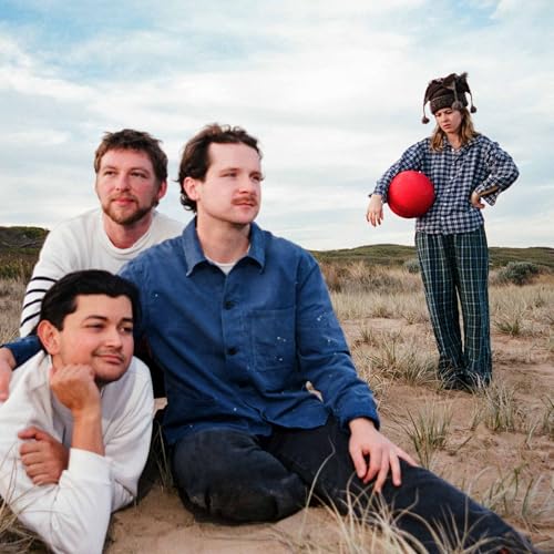 Four people in casual clothing pose in a grassy field under a cloudy sky.