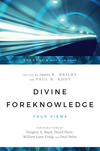 Book cover with abstract blue light streaks and white title: "Divine Foreknowledge.