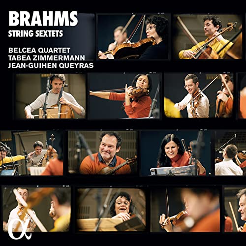 CD cover featuring musicians playing string instruments in a grid layout.