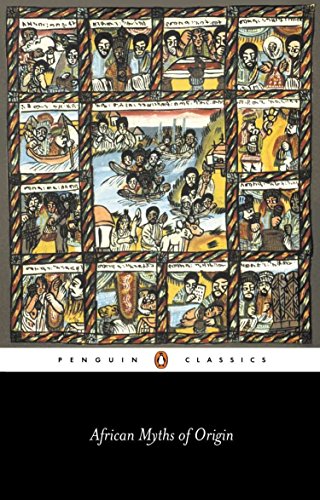 Book cover featuring a grid of traditional illustrations and the title African Myths of Origin.