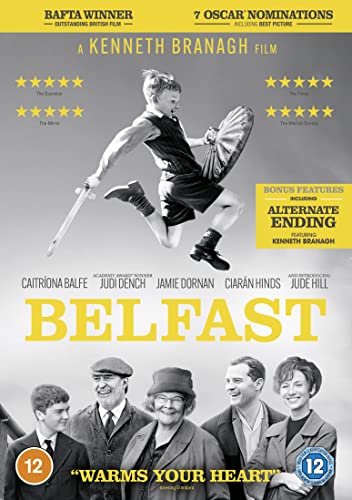 DVD cover for Belfast featuring a young boy playing with a sword and shield.