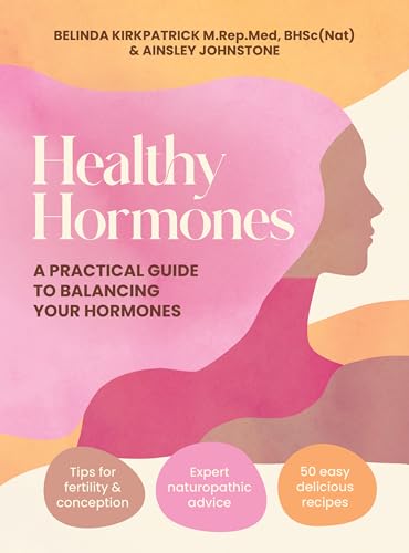 Book cover: “Healthy Hormones” with pink abstract shapes and a woman’s profile.
