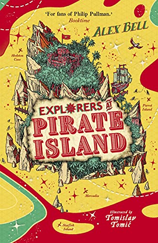 Book cover illustration of a tropical island with a castle and ship on map.