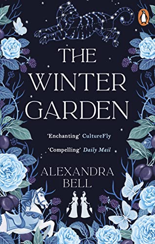 Book cover with blue roses, berries, a constellation lion, and a carousel horse.