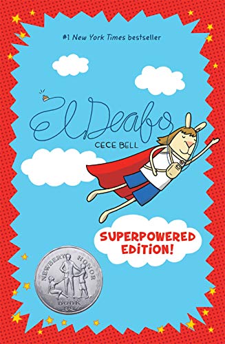 Book cover: rabbit girl with a hearing aid flies with a red cape.