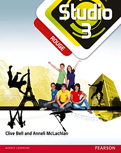 Textbook cover: "Studio 3: ROUGE" with students and French landmarks.