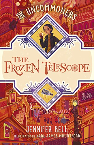 Book cover: a boy with a telescope stands before a colorful, detailed city.