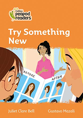 Book cover: "Try Something New" with children and a stylist illustration.