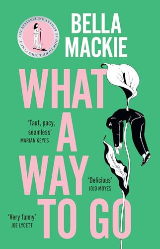 Book cover with green background, pink text, and a person hanging from a flower.