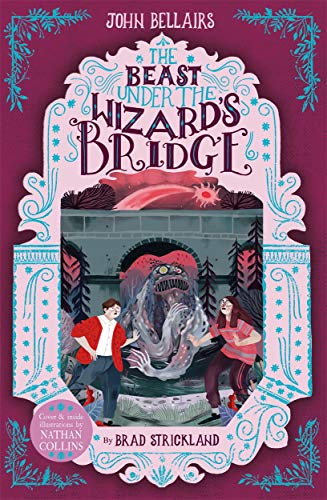Book cover: children facing a monster under a bridge, ornate border.